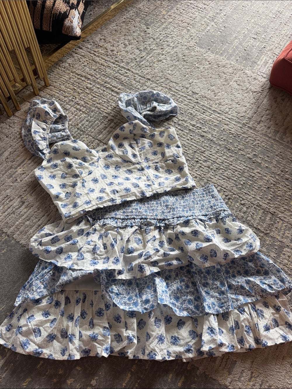 Blue Floral Ruffle Blouse with matching skirt. SET